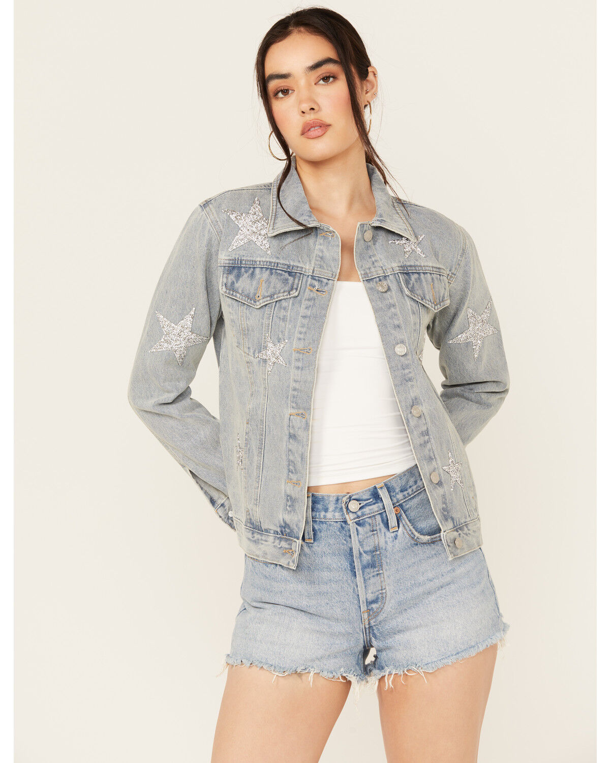 Women's Blue B Light Wash Embellished Star Button-Down Denim Jacket