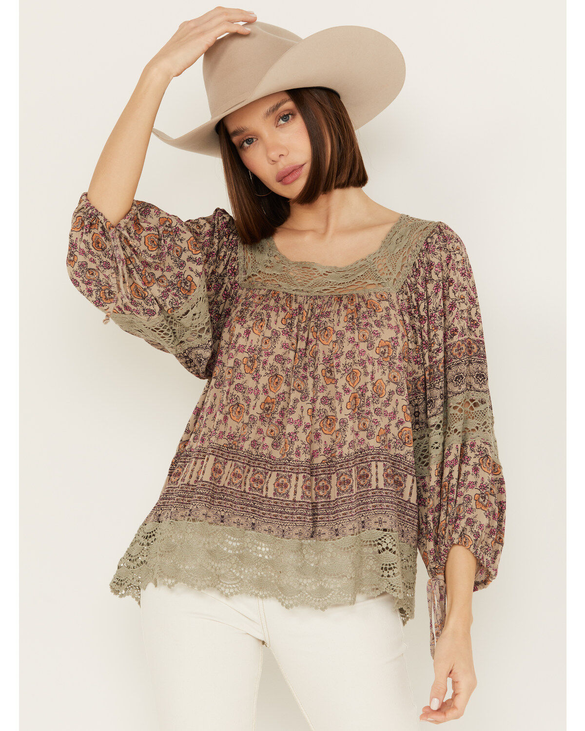 Women's Angie Long Sleeve Macrame Insert Floral Border Print Top