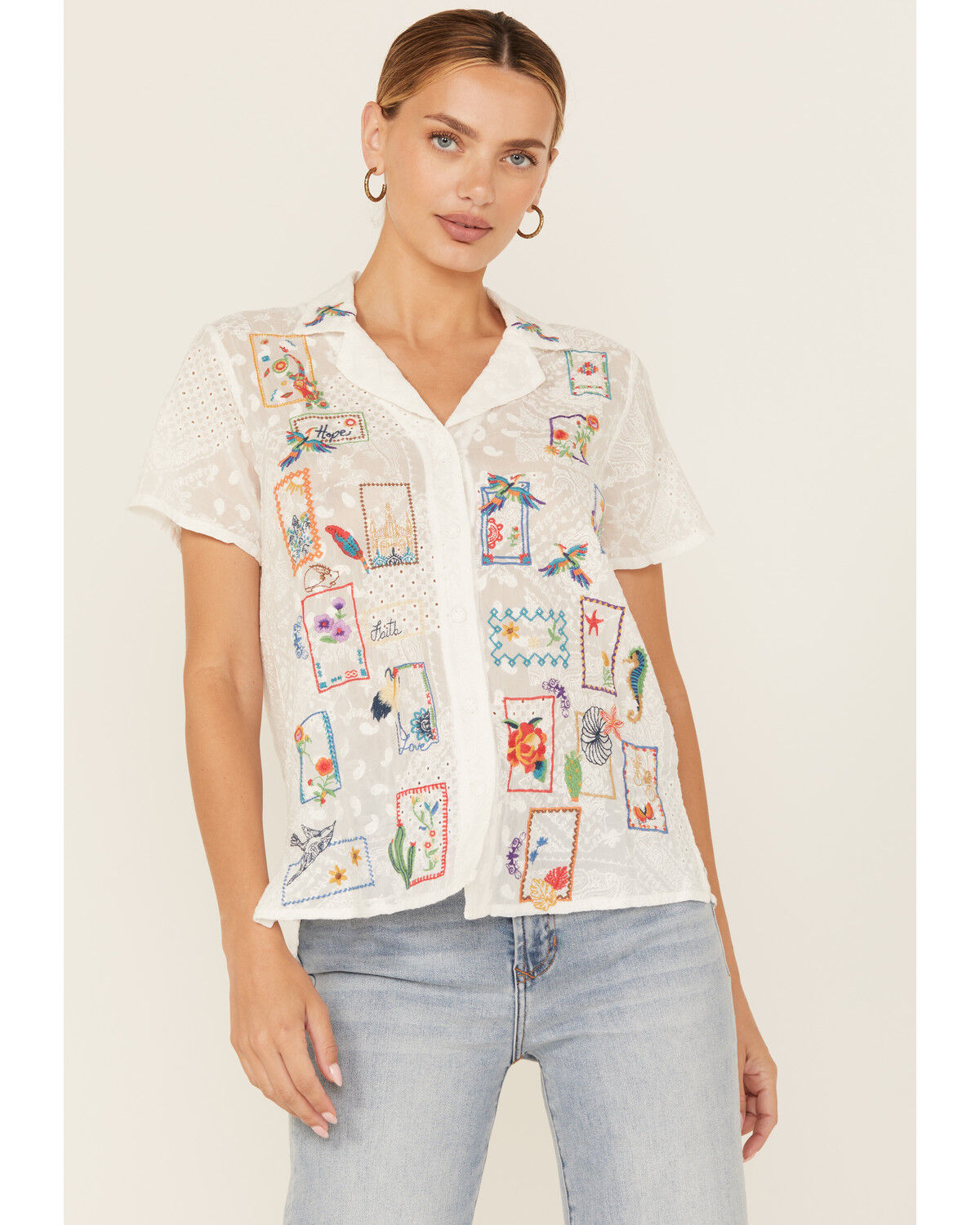 Women's Johnny Was Cooper Embroidered Short Sleeve Button-Down Blouse