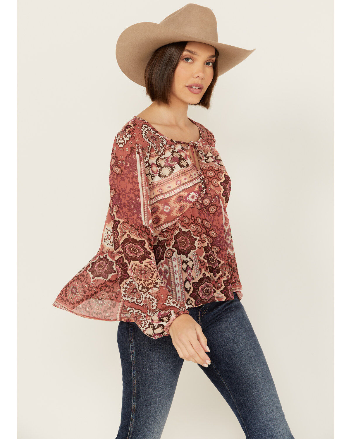 Women's Shyanne Printed Chiffon Long Sleeve Peasant Top