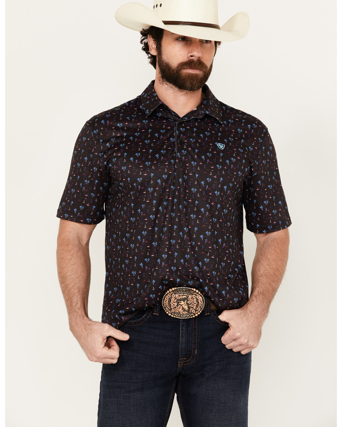 Men's Ariat Palm Tree Print Short Sleeve Performance Polo Shirt