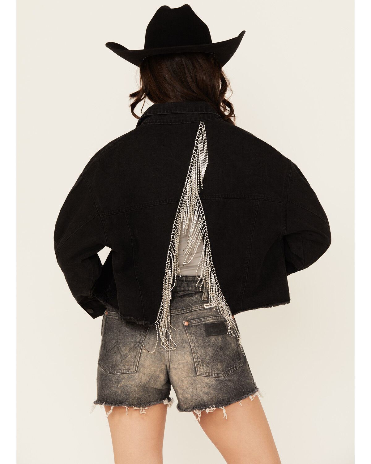 Women's Blue B Back Chain Fringe Cropped Denim Jacket