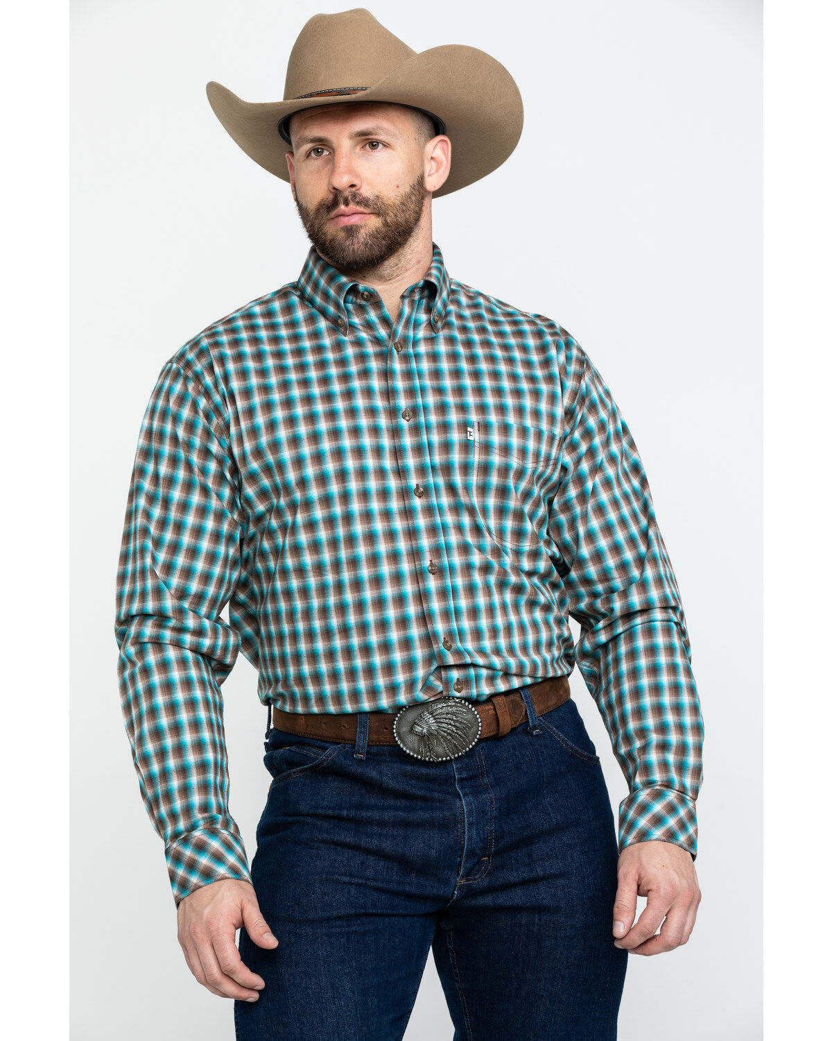 Men's Tuf Cooper Competition Brown Check Plaid Long Sleeve Western Shi
