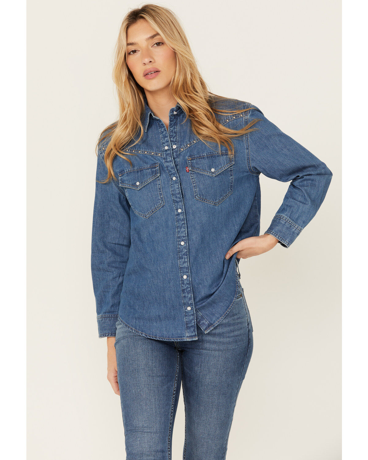 Women's Levi's Dark Medium Wash Sawyer Western Denim Studded Shirt