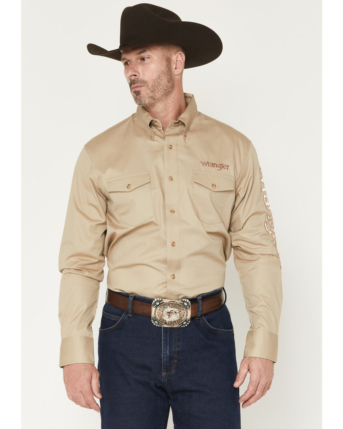 Men's Wrangler Logo Long Sleeve Button-Down Western Shirt