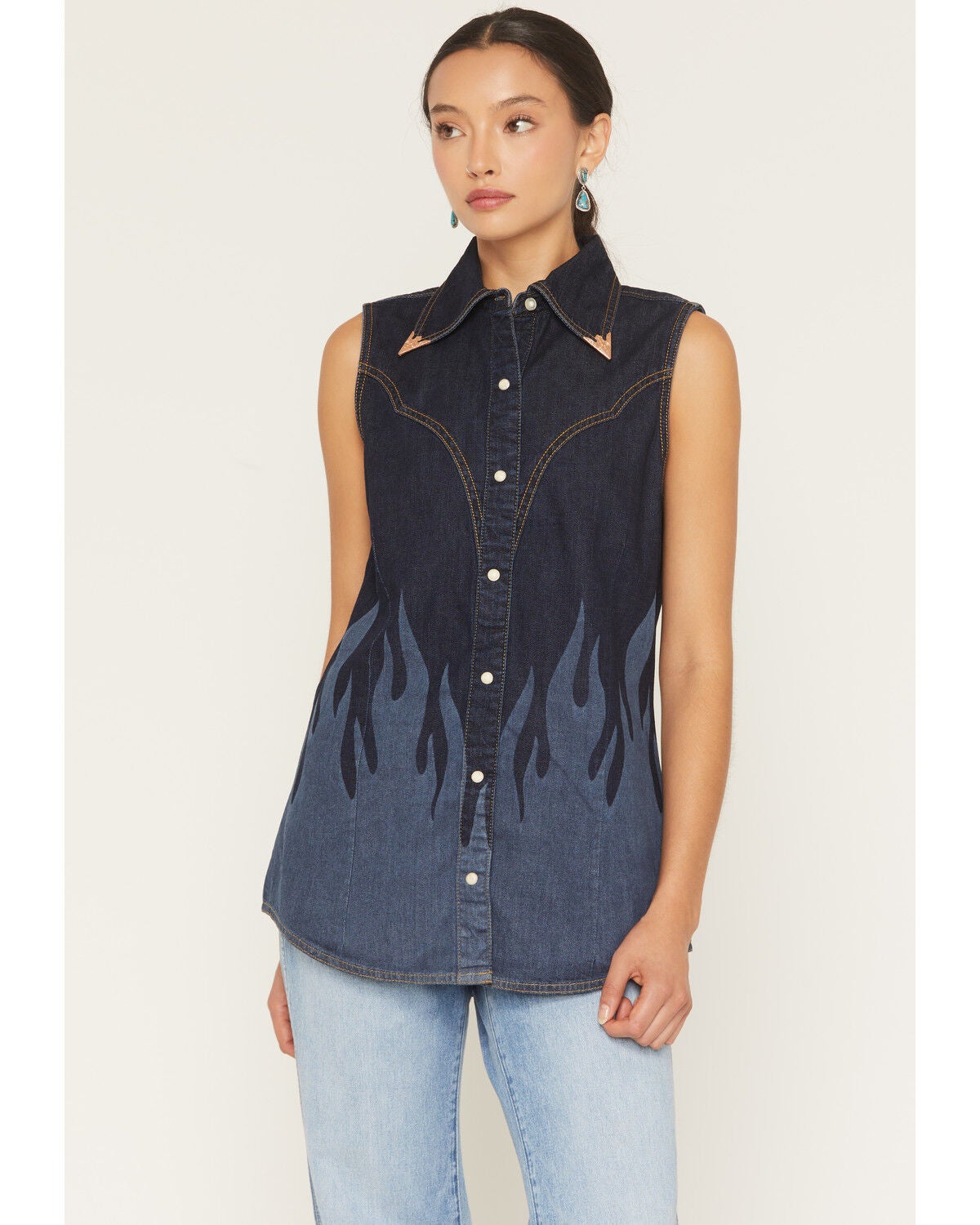 Women's Wrangler X Lainey Wilson Dark Wash Flame Denim Sleeveless Snap