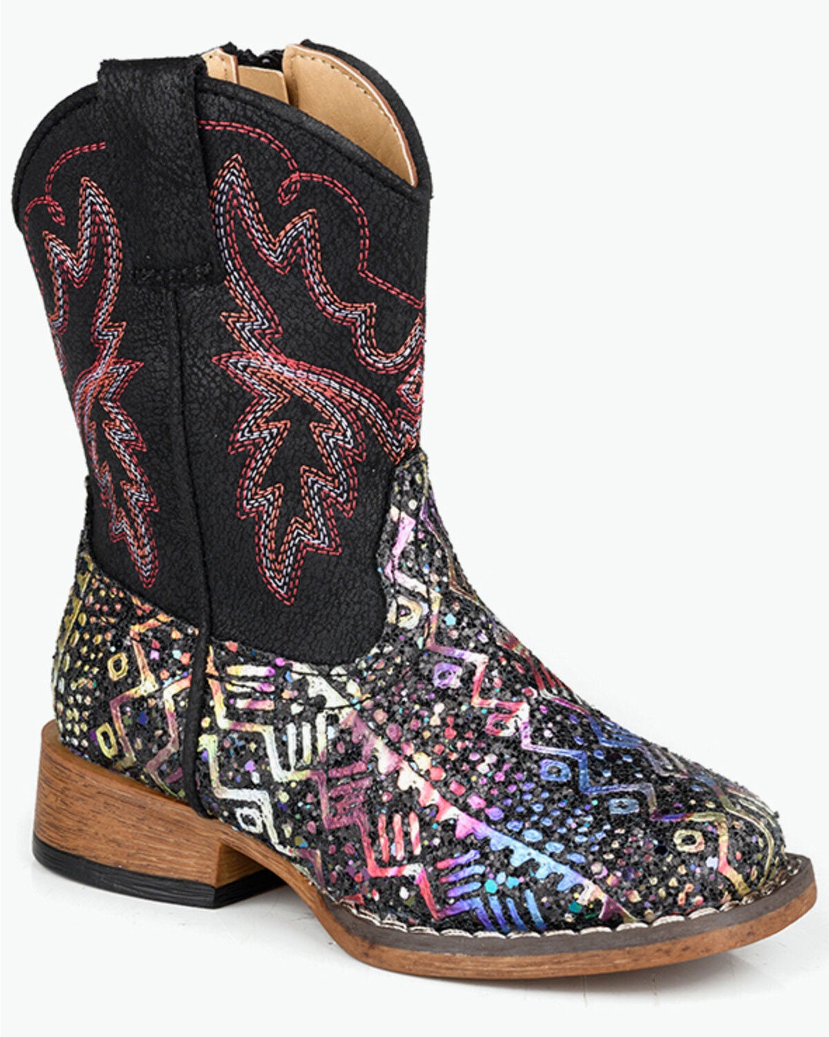 Roper Girls Toddler Glitter Southwestern Western Boots in Black – Broad Square Toe Cowboy Boots with Zip and Stockman Heel