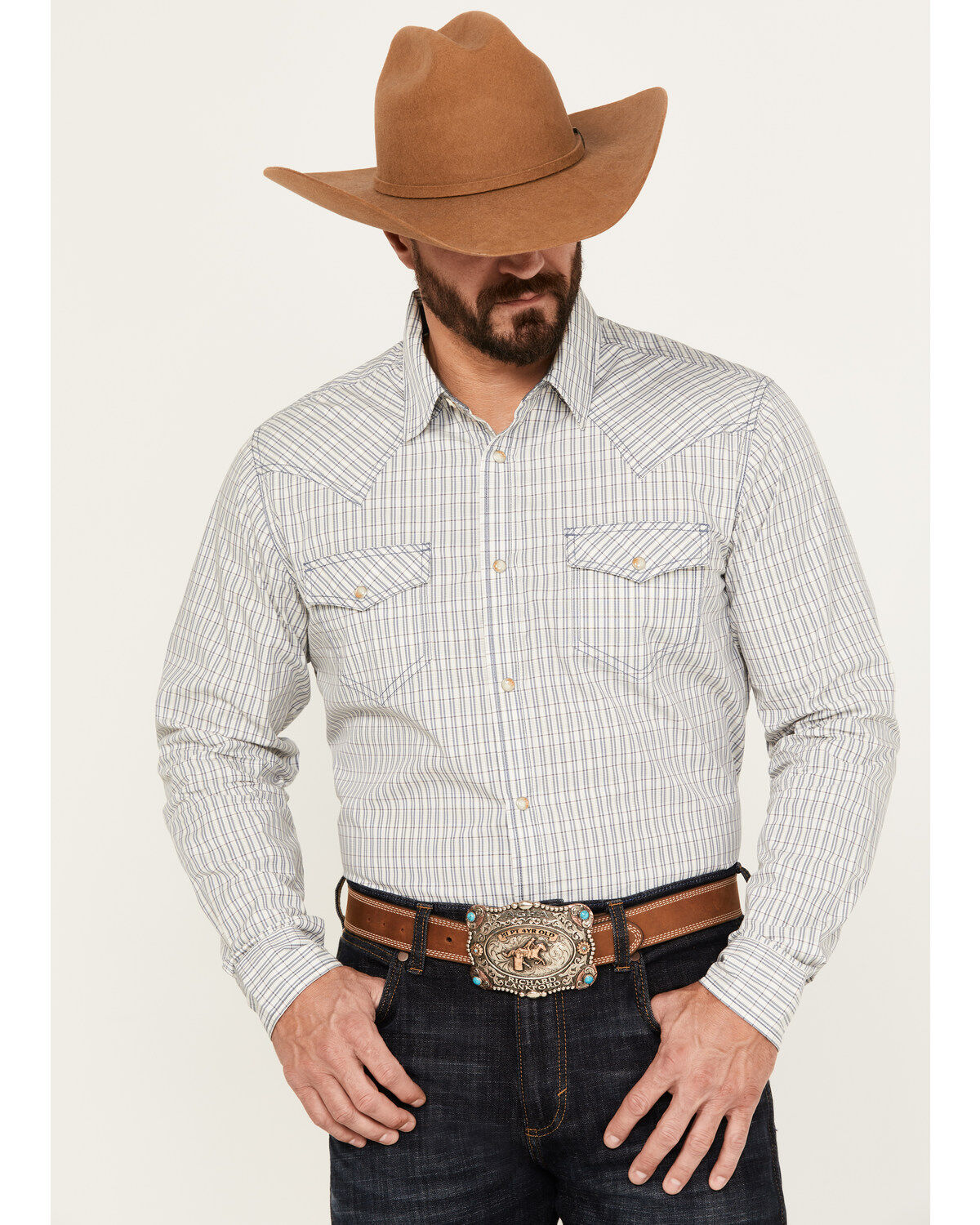 Men's Cody James Jackrabbit Plaid Print Long Sleeve Pearl Snap Western