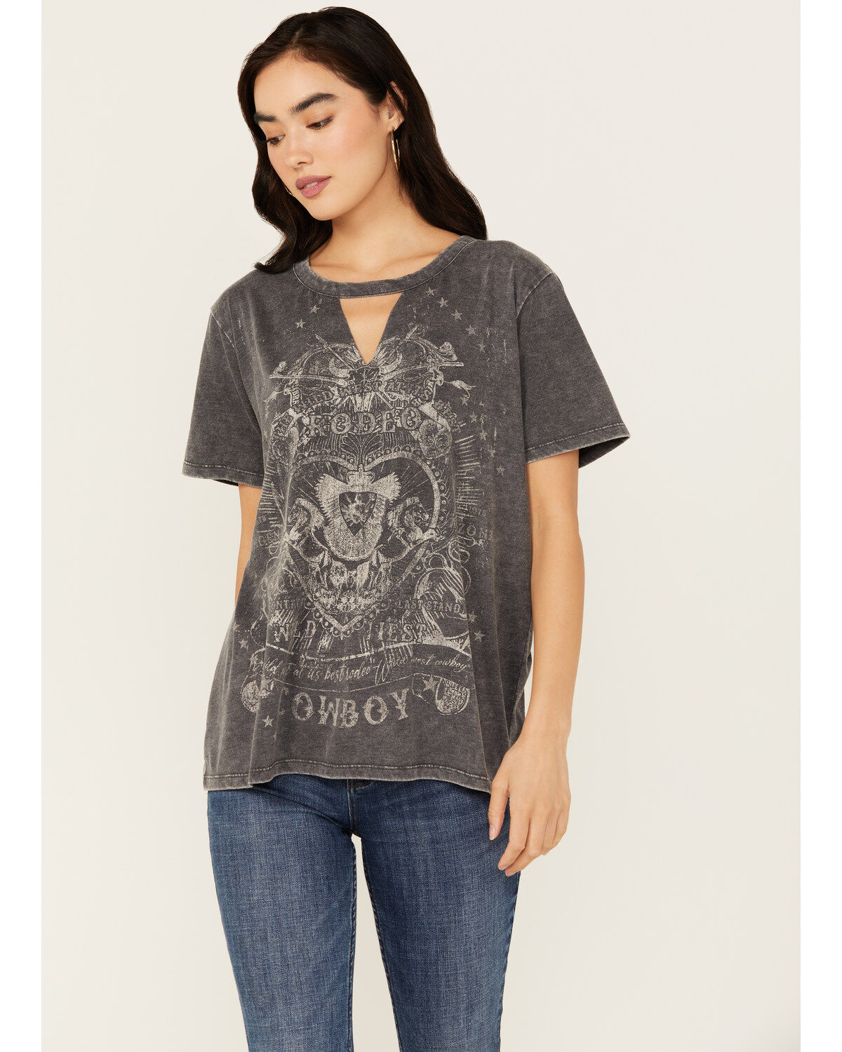 Women's Blended Rodeo Cowboy Cutout Short Sleeve Graphic Tee