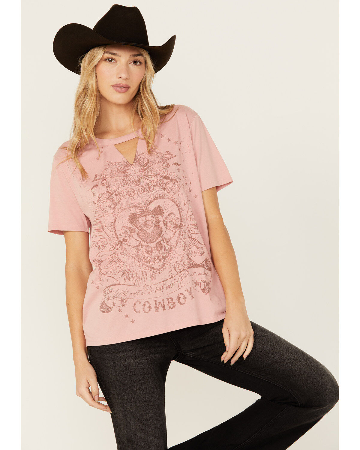 Women's Blended Rodeo Cowboy Cutout Short Sleeve Graphic Tee