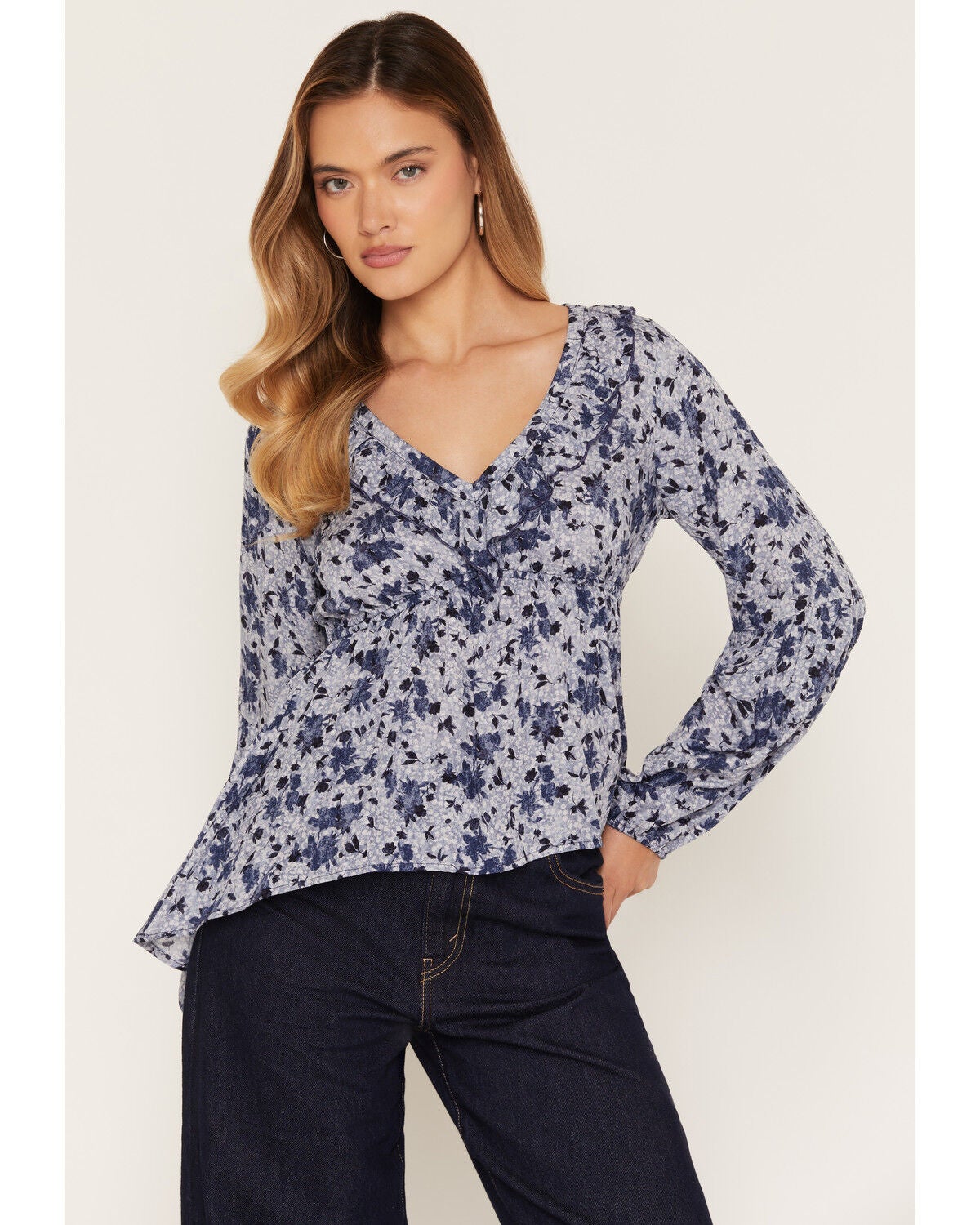 Women's Wild Moss Floral Print Ruffle Long Sleeve Top