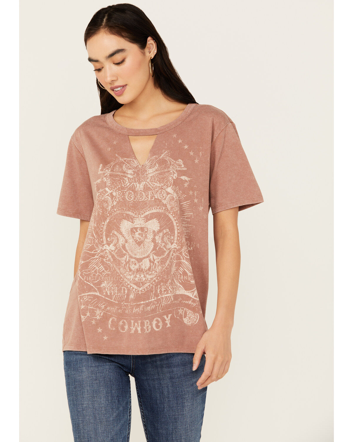 Women's Blended Rodeo Cowboy Cutout Short Sleeve Graphic Tee