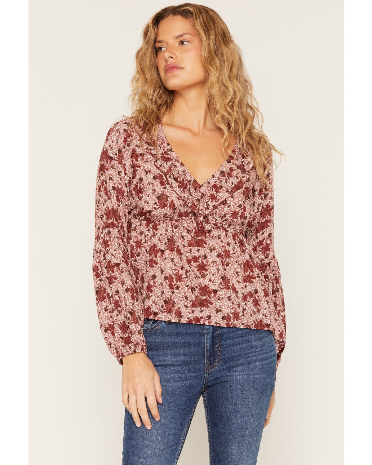 Women's Wild Moss Floral Print Ruffle Long Sleeve Top