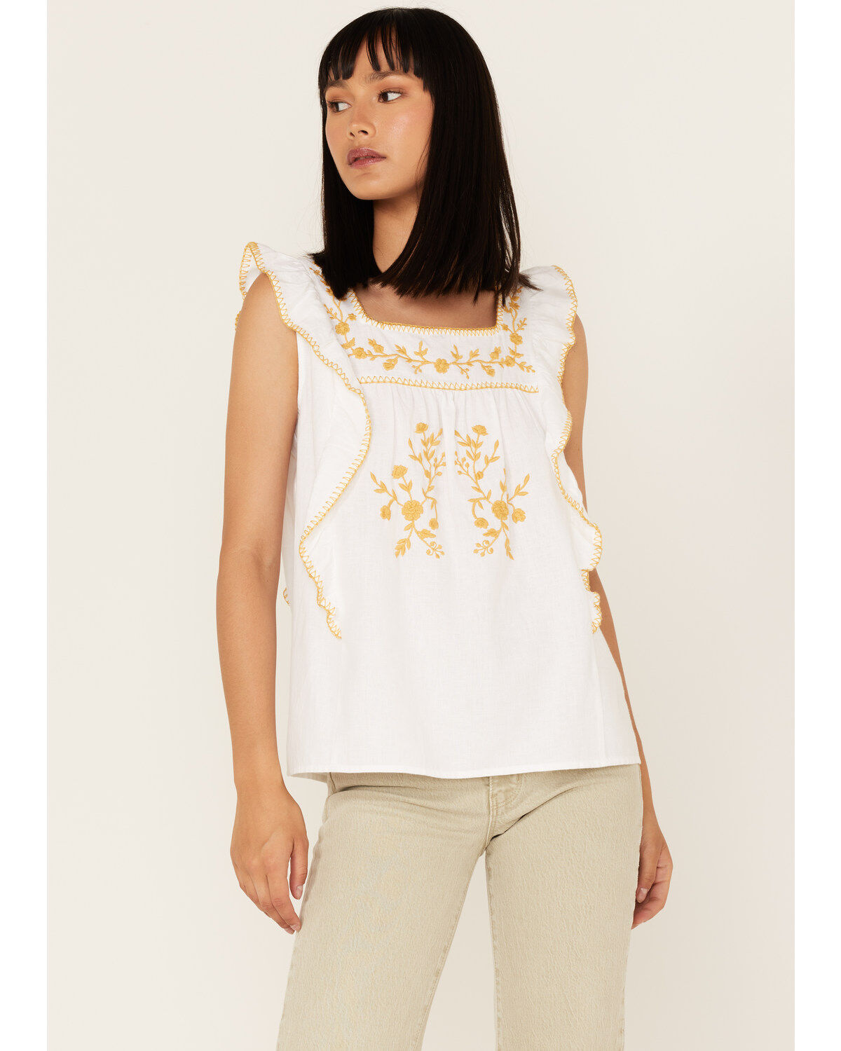 Women's Cotton & Rye Embroidered Ruffle Tank Top