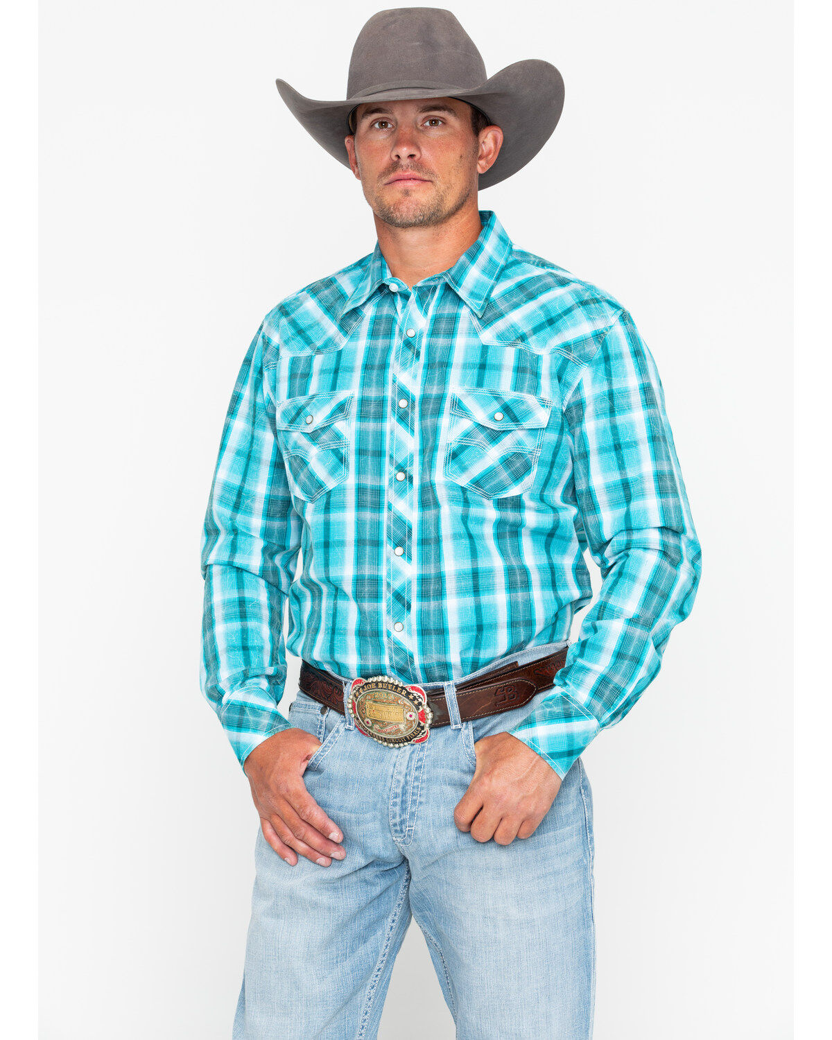 Men's Rock & Roll Denim Poplin Plaid Print Snap Long Sleeve Western Sh