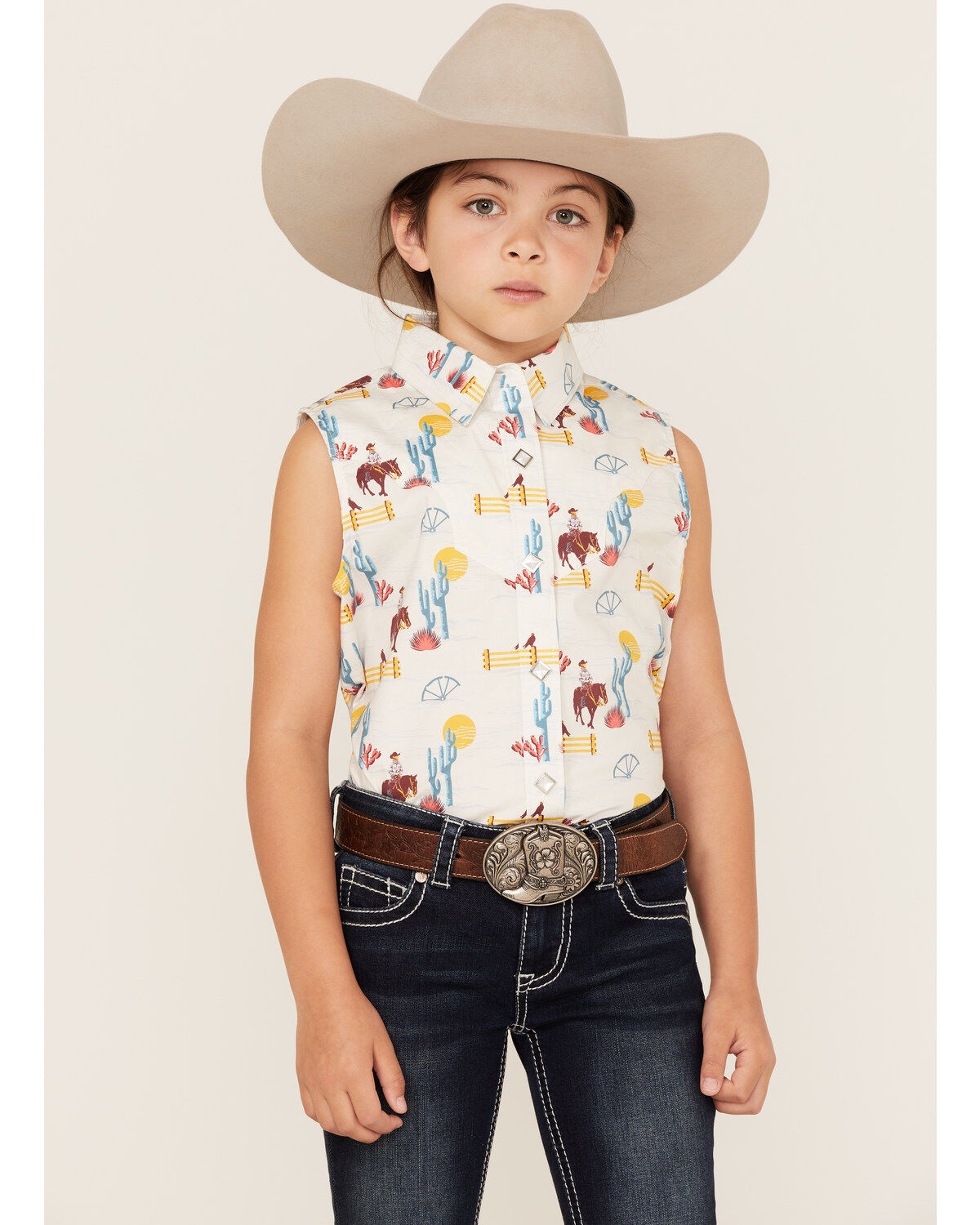Girls' Rock & Roll Denim Cowboy Horse Print Sleeveless Western Snap Sh