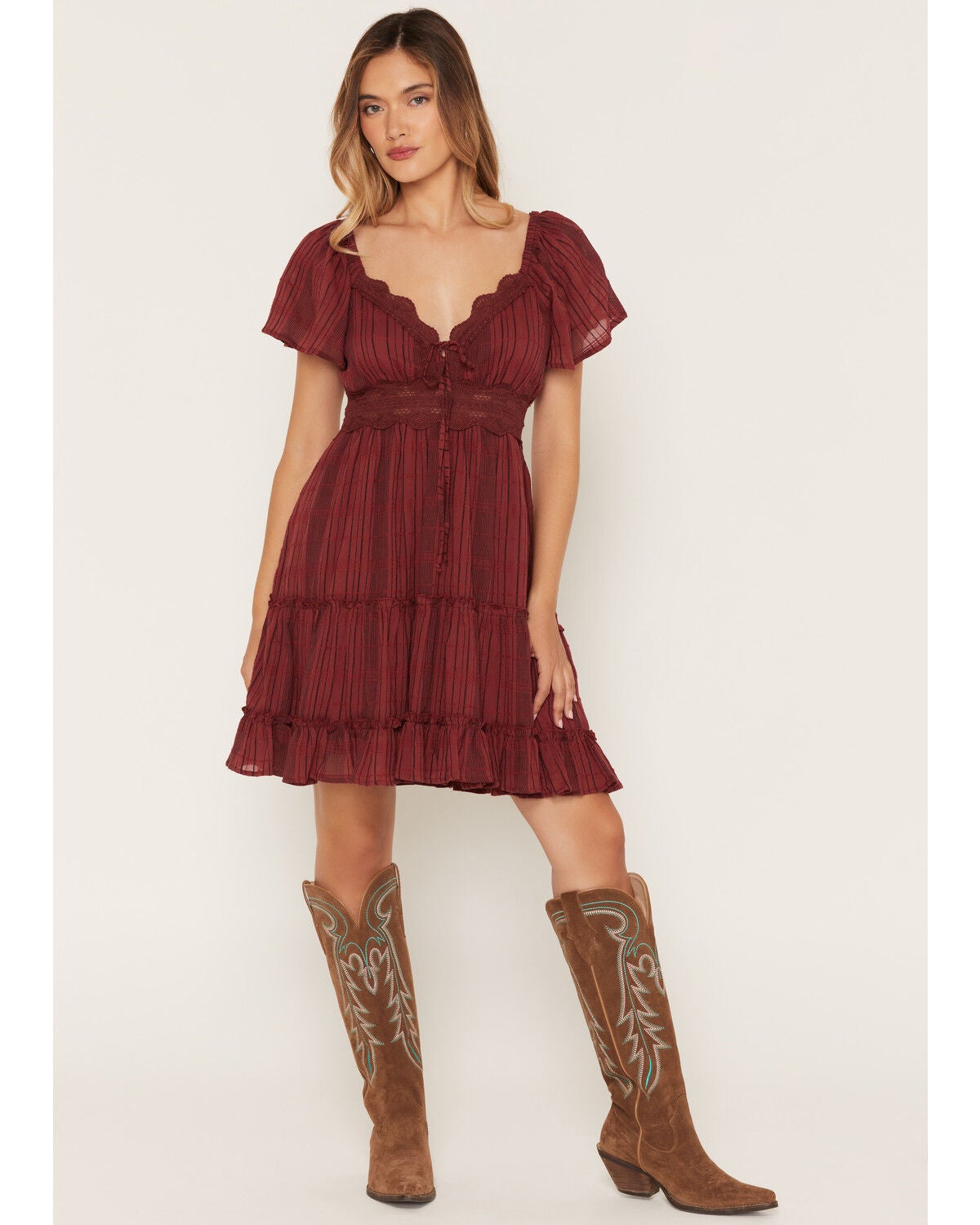 Women's Wild Moss Short Sleeve Lace Trim Tiered Mini Dress