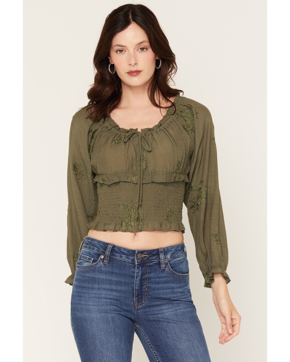 Women's Wild Moss Smocked Bottom Long Sleeve Top