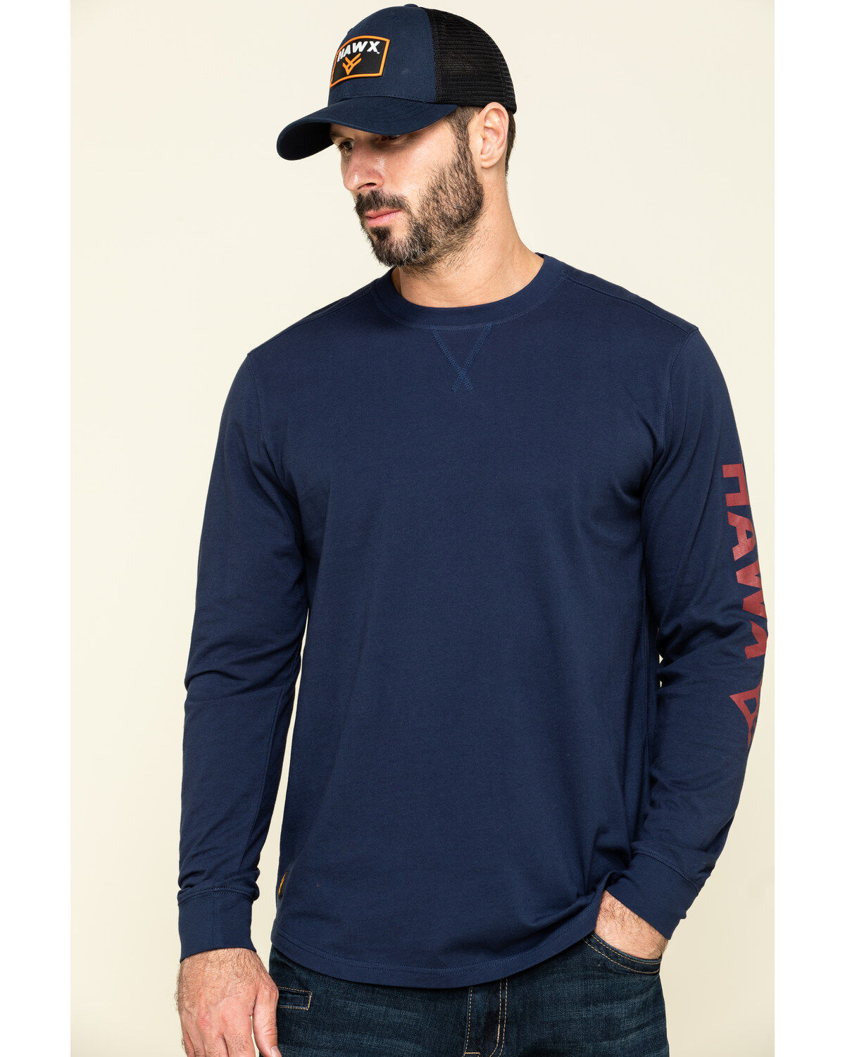 Men's Hawx Navy Sleeve Logo Long Sleeve Work T-Shirt
