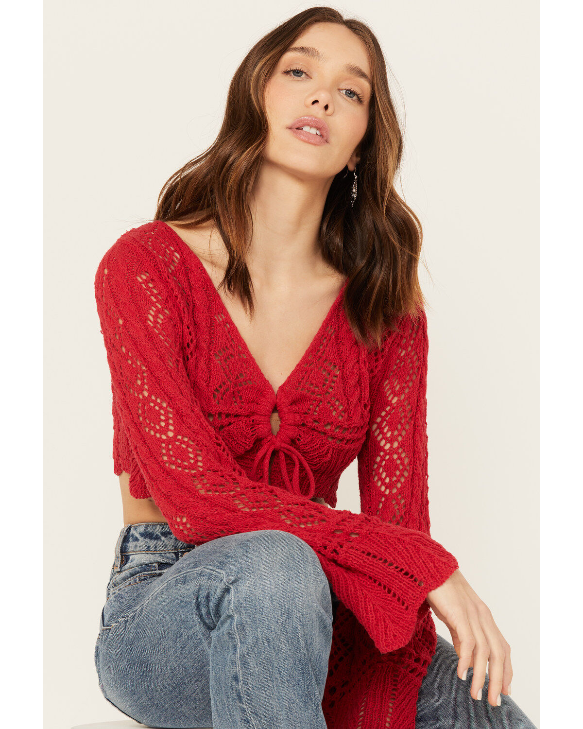 Women's En Creme Crochet Tie Front Long Sleeve Top