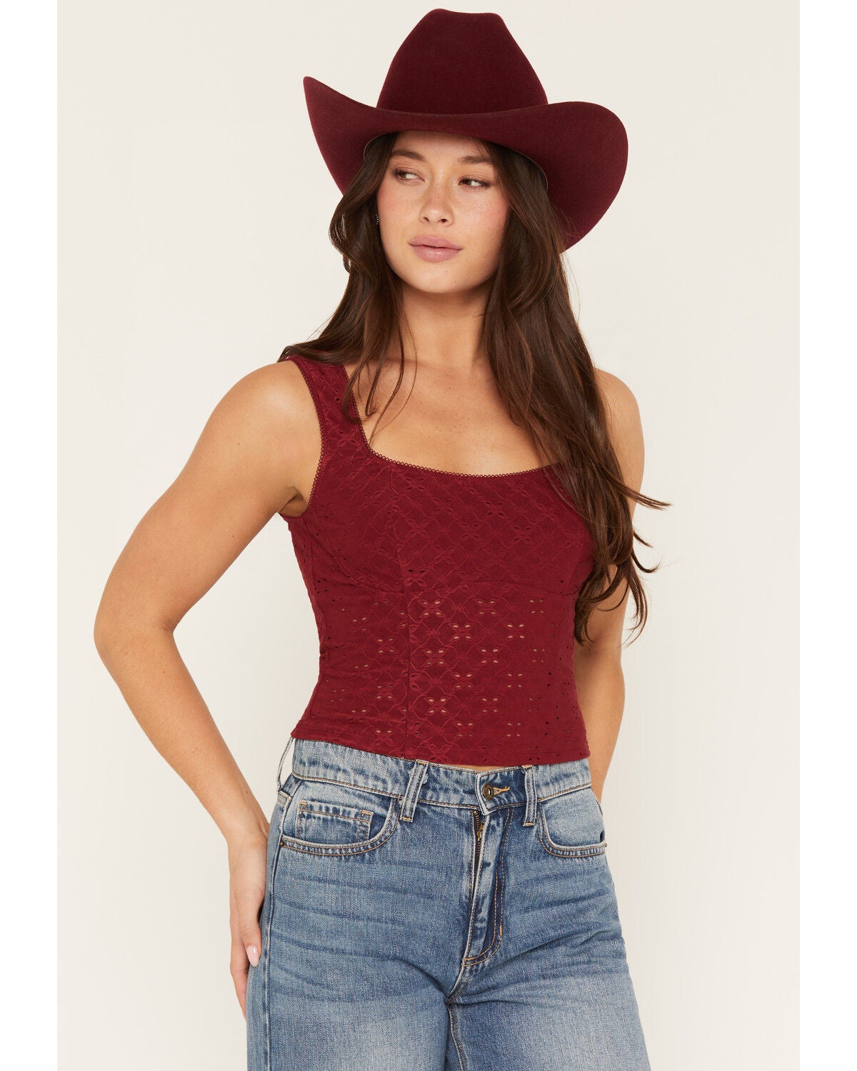 Women's Ash & Violet Solid Eyelet Sleeveless Tank Top