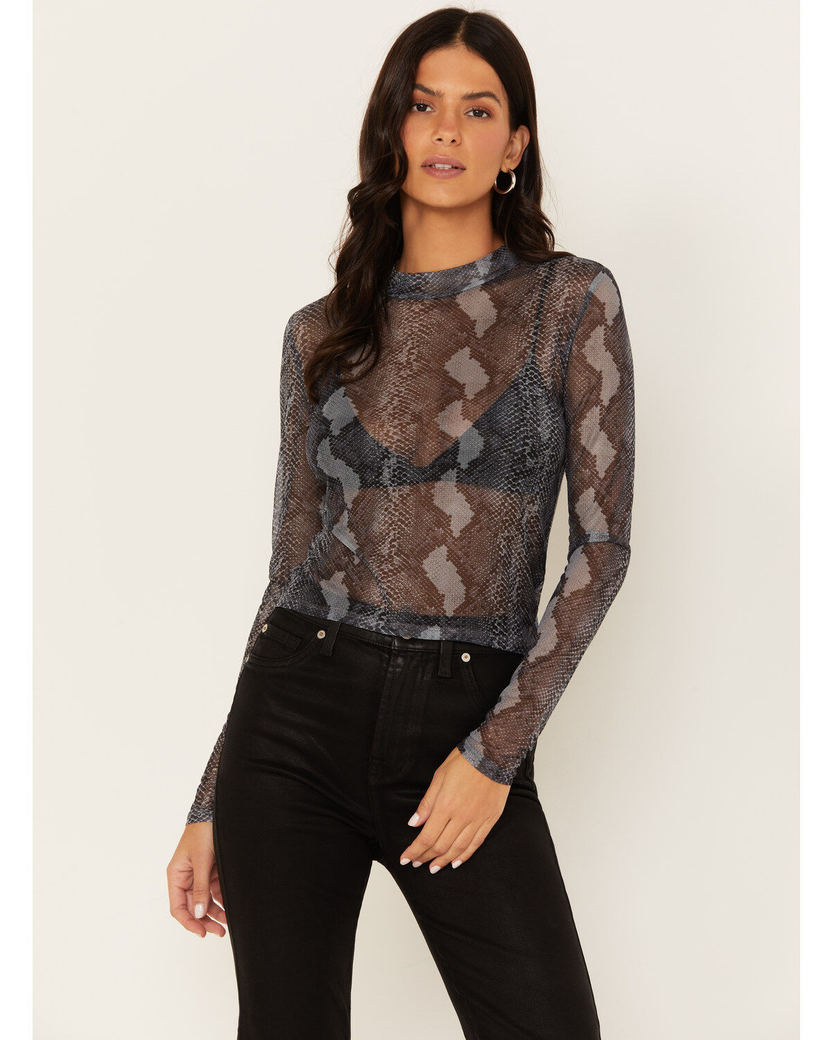 Women's Rock & Roll Denim Snake Print Mesh Long Sleeve Top