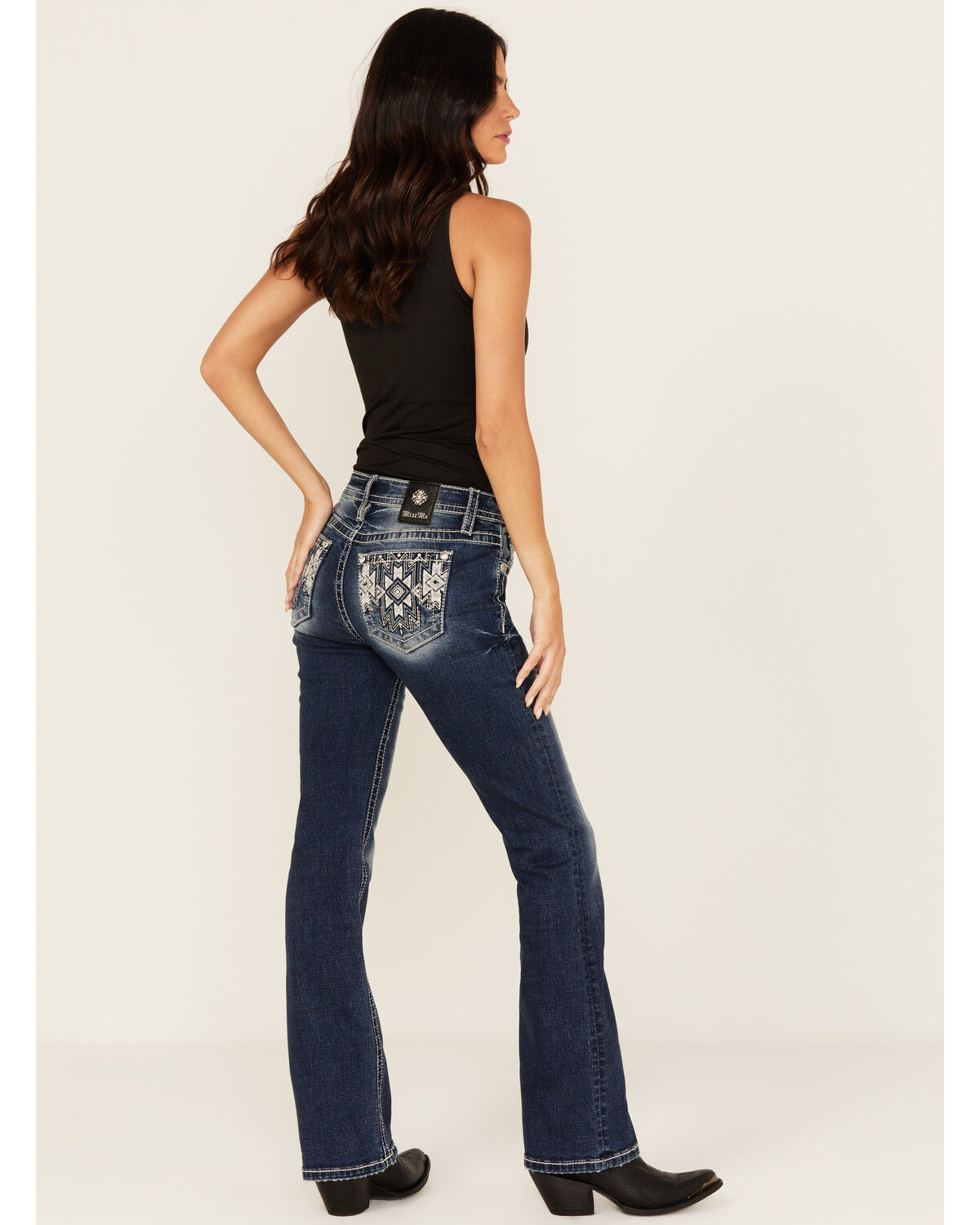 Women's Miss Me Dark Wash Mid Rise Geo Pocket Bootcut Stretch Denim Je