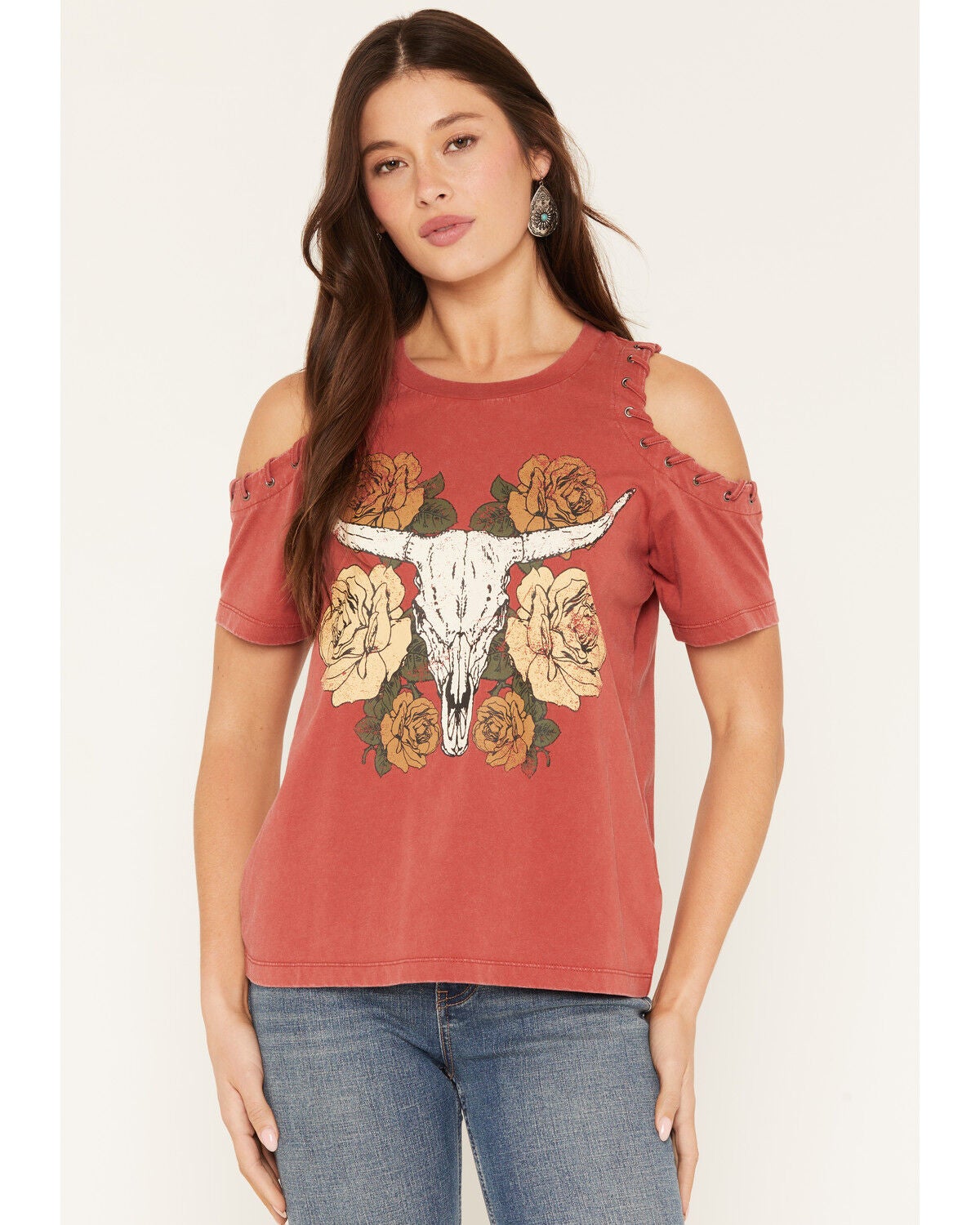 Women's Shyanne Steer Head Cold Shoulder Short Sleeve Graphic Tee