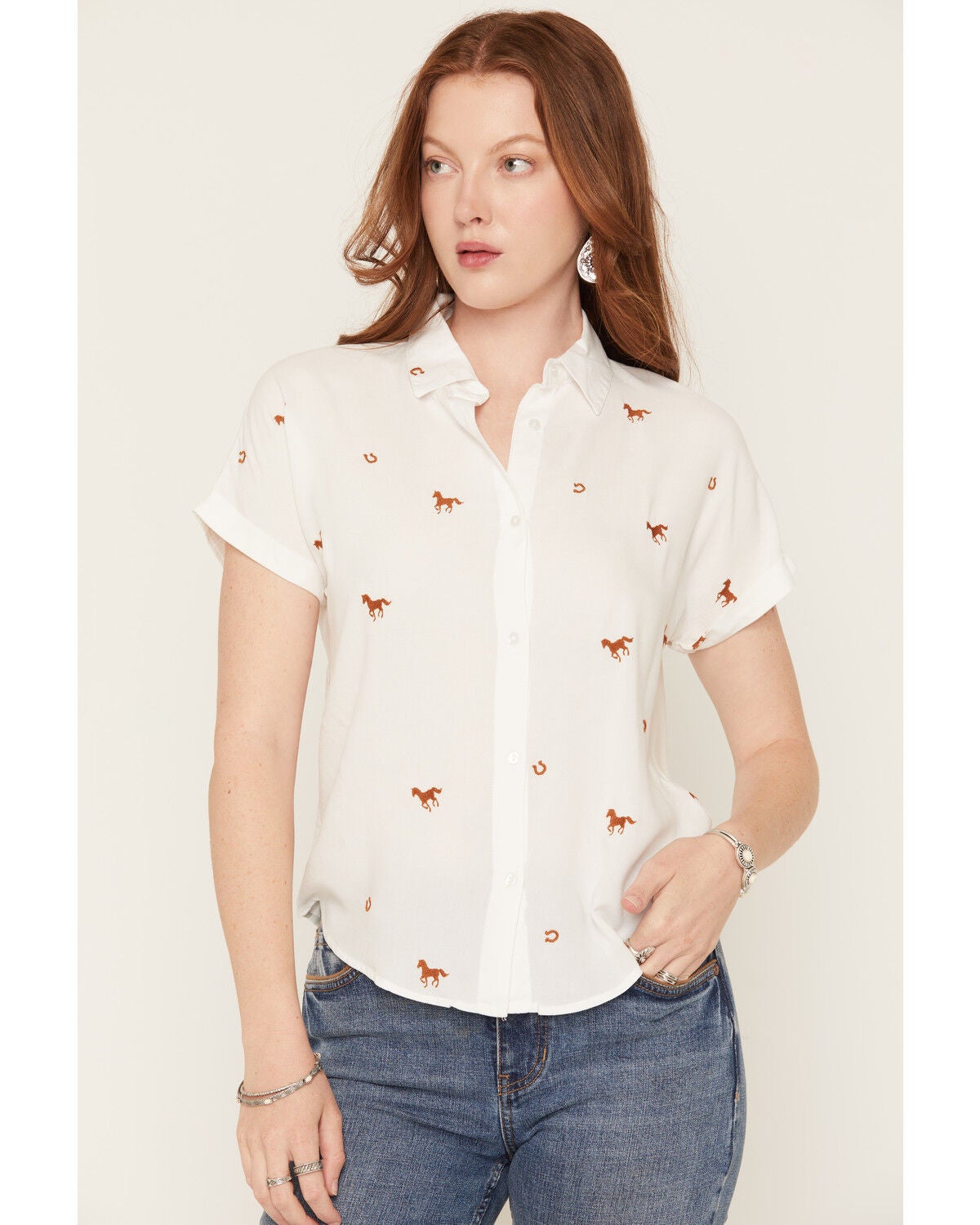 Women's Cotton & Rye Horse And Horseshoe Embroidered Short Sleeve Butt