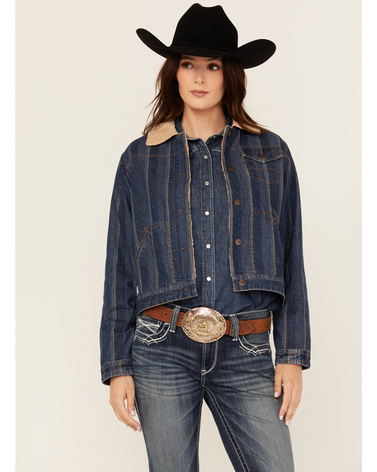 Women's Kimes Ranch Striped Print Sherpa Lined Denim Jacket