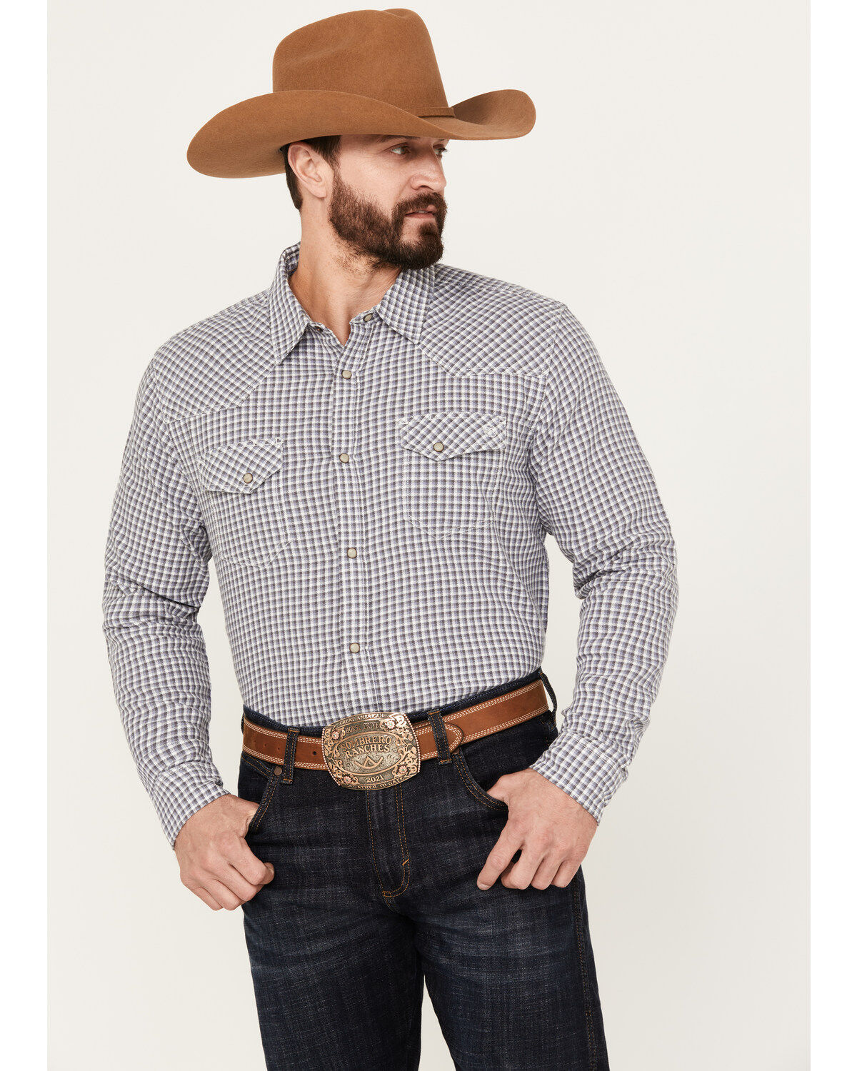 Men's Blue Ranchwear Rawlins Plaid Print Long Sleeve Western Pearl Sna