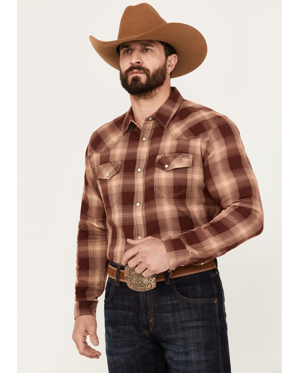 Men's Blue Ranchwear Lander Plaid Print Long Sleeve Western Pearl Snap