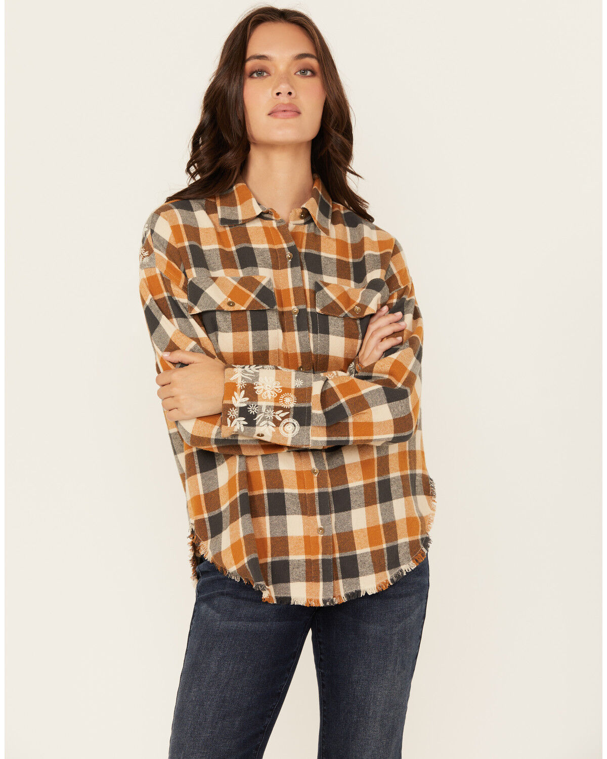 Women's Cleo + Wolf Christian Plaid Print Embroidered Long Sleeve Butt