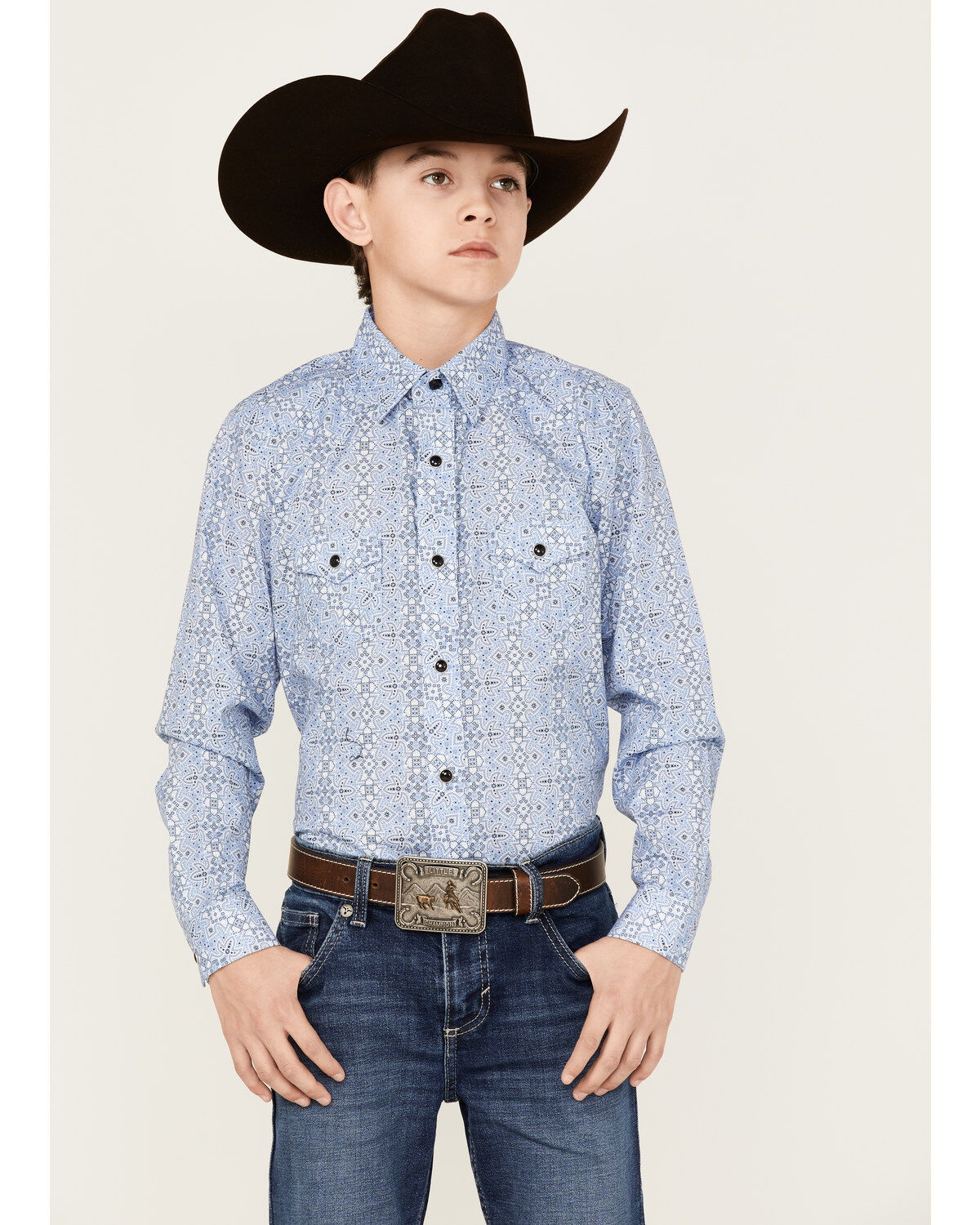 Boys' Rock & Roll Denim Medallion Print Long Sleeve Western Snap Shirt