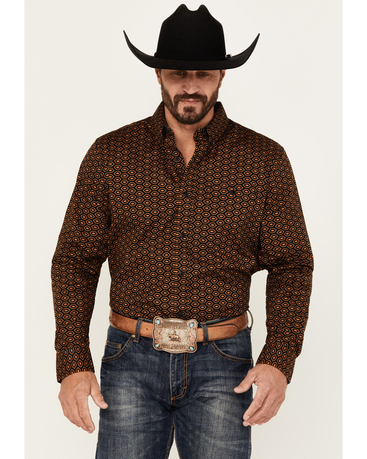 Men's RANK 45 Trench Jacquard Geo Print Long Sleeve Button-Down Stret