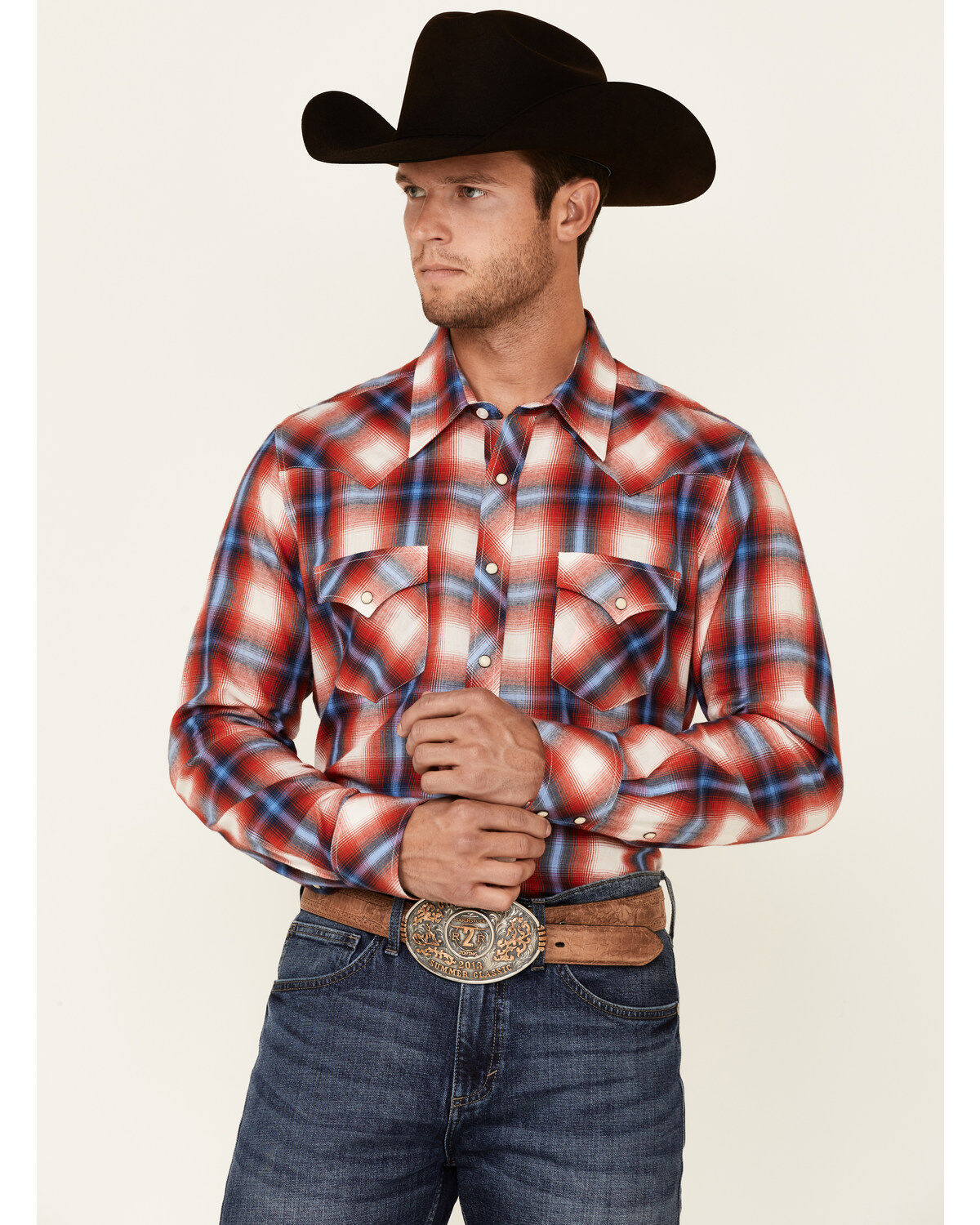 Men's Rock & Roll Denim Red Large Yarndye Plaid Long Sleeve Snap Weste