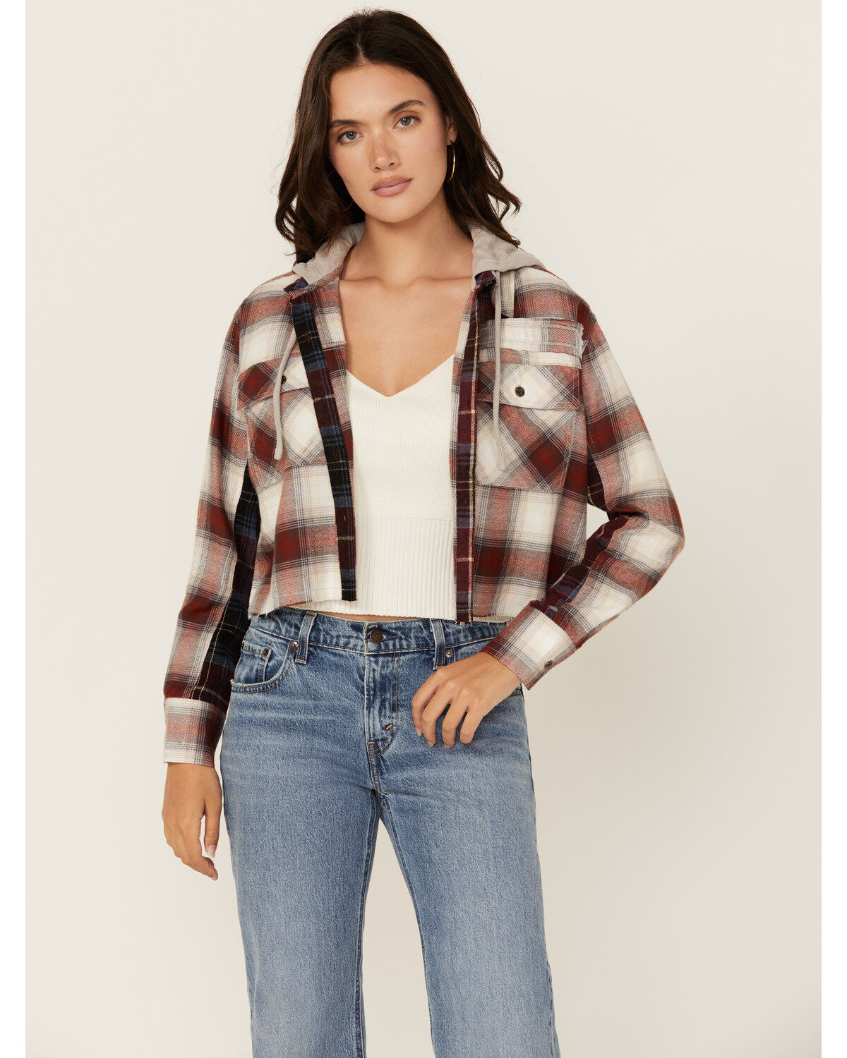 Women's Cleo + Wolf Connor Plaid Print Hooded Cropped Flannel