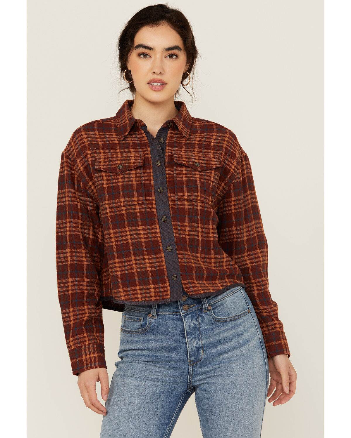 Women's Cleo + Wolf Chelsea Plaid Print Long Sleeve Button-Down Croppe