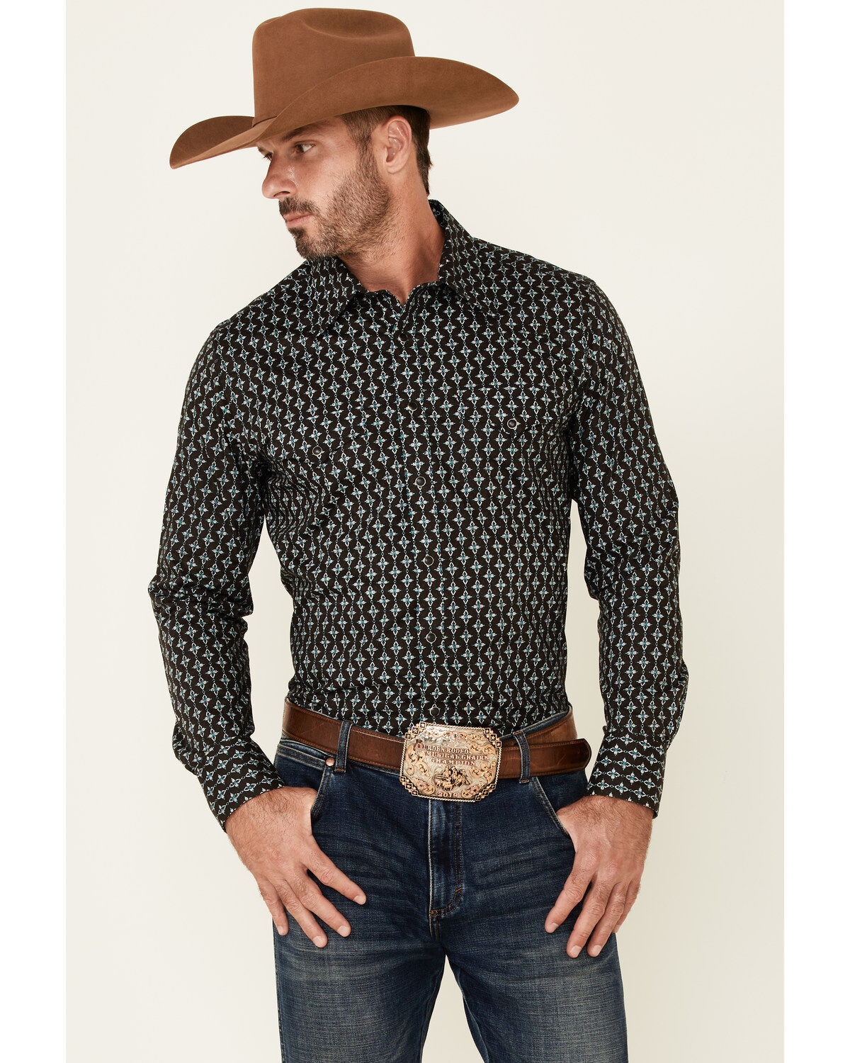 Men's Rock & Roll Denim Brown Southwestern Geo Print Long Sleeve Snap