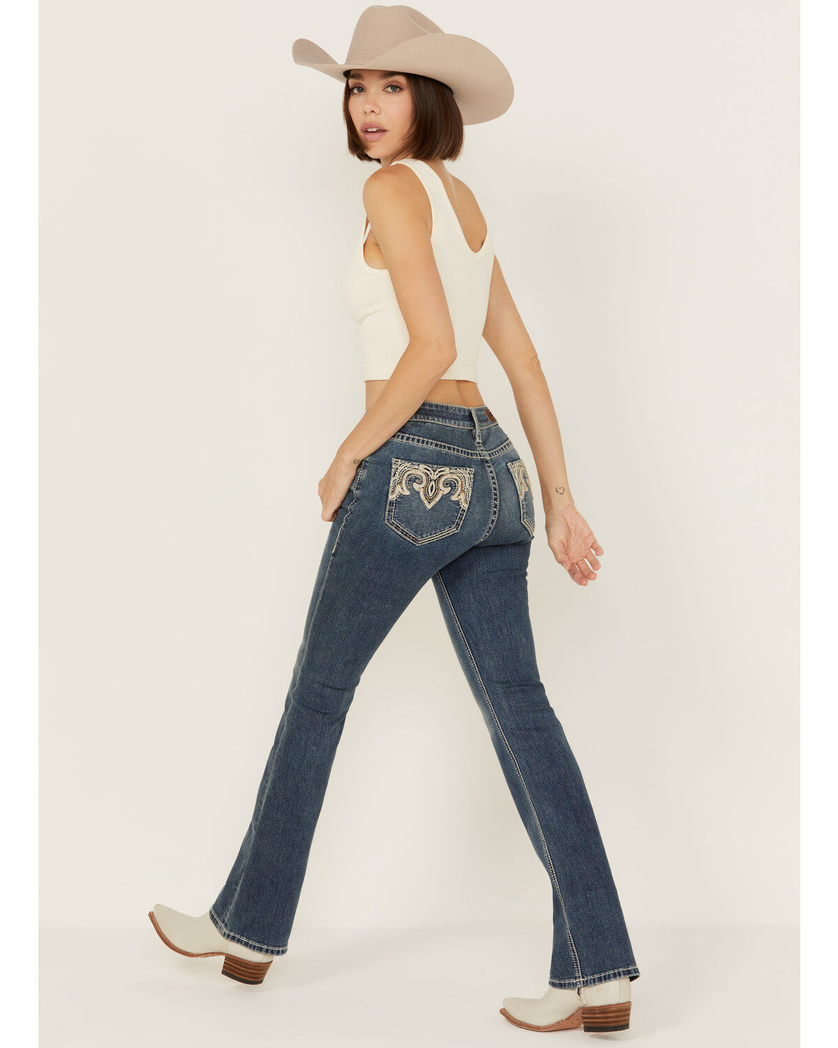 Women's Rock & Roll Denim Medium Wash Mid Rise Leather Embroidered Boo