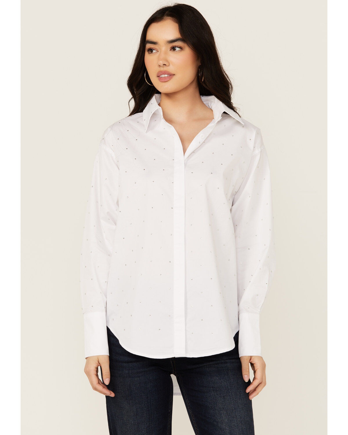 Women's Blue B Solid Rhinestone Long Sleeve Button-Down Shirt