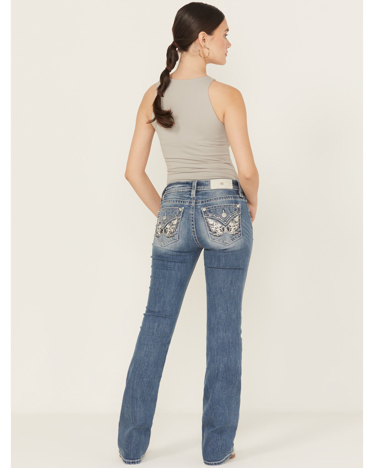 Women's Miss Me Medium Wash Mid Rise Butterfly Pocket Bootcut Stretch
