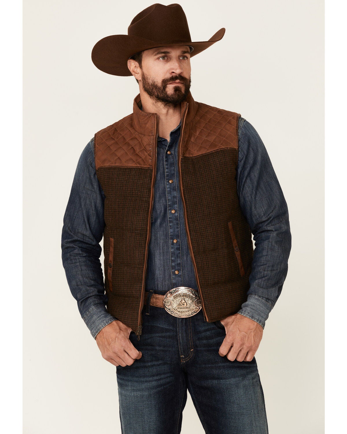 Men's Scully Vintage Brown Trimmed Leather Zip-Front Vest
