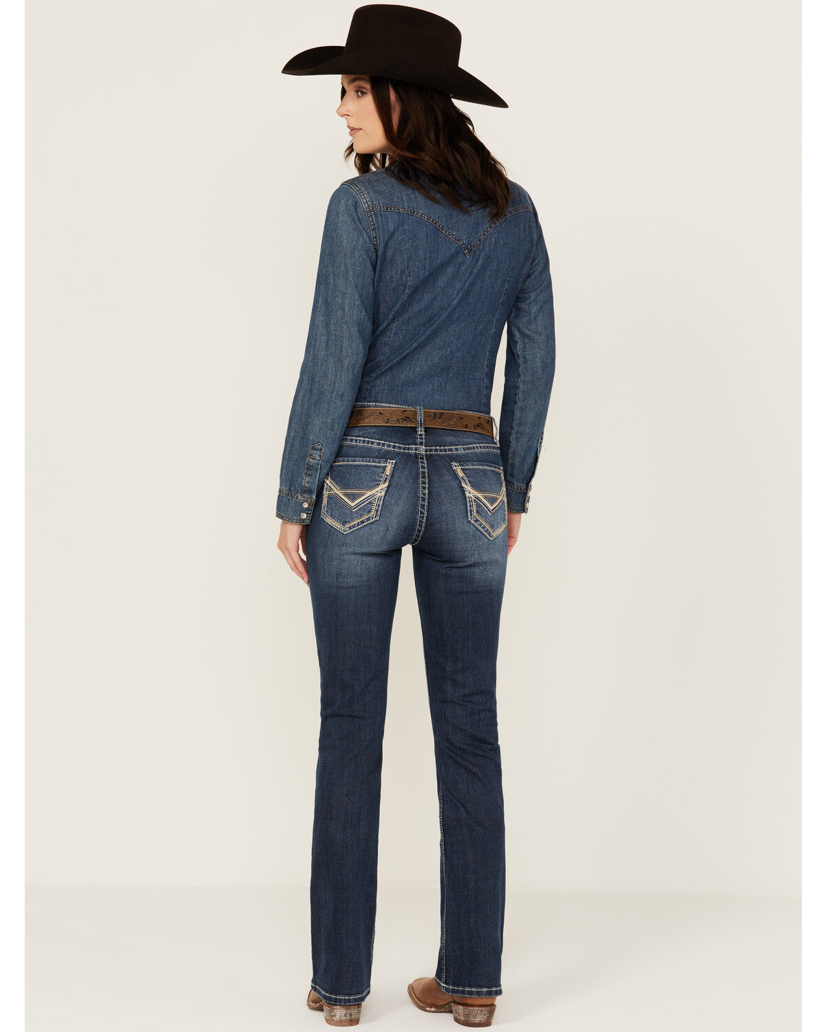 Women's Rock & Roll Denim Medium Wash Mid Rise Pleather Embroidered Po