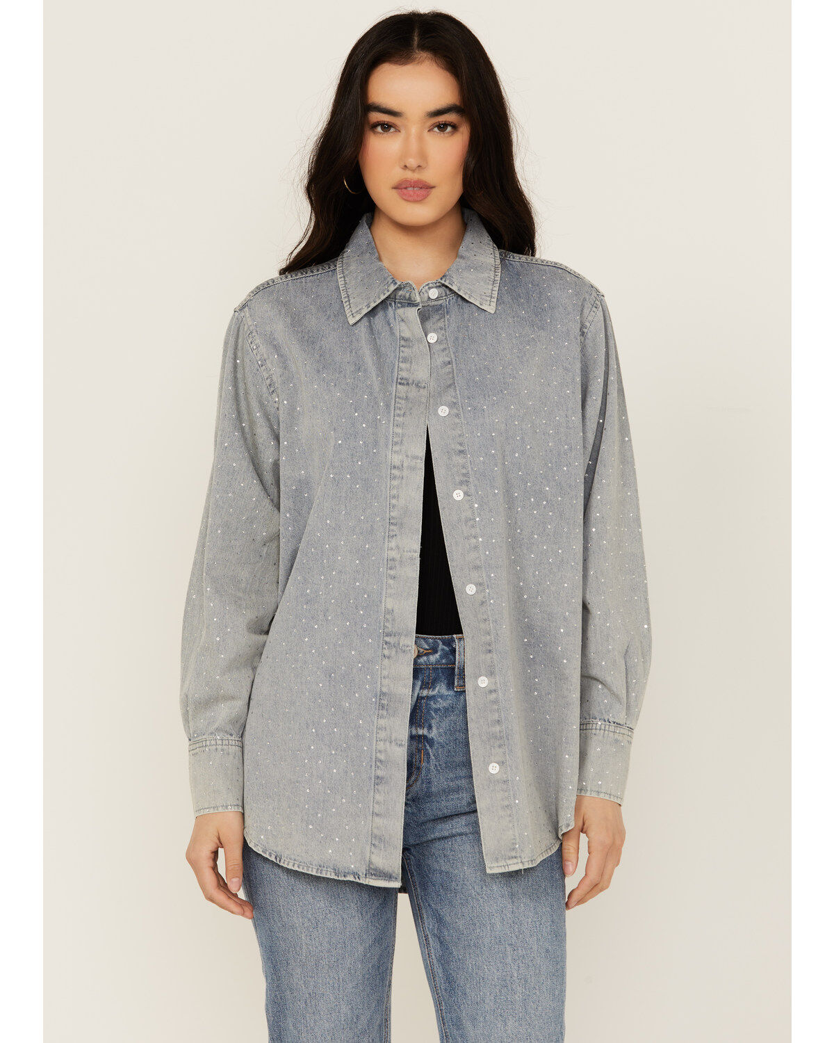 Women's Blue B Light Wash Rhinestone Long Sleeve Button-Down Denim Shi