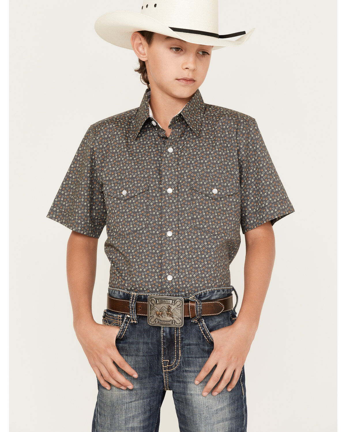 Boys' Panhandle Horseshoe Print Short Sleeve Western Pearl Snap Shirt