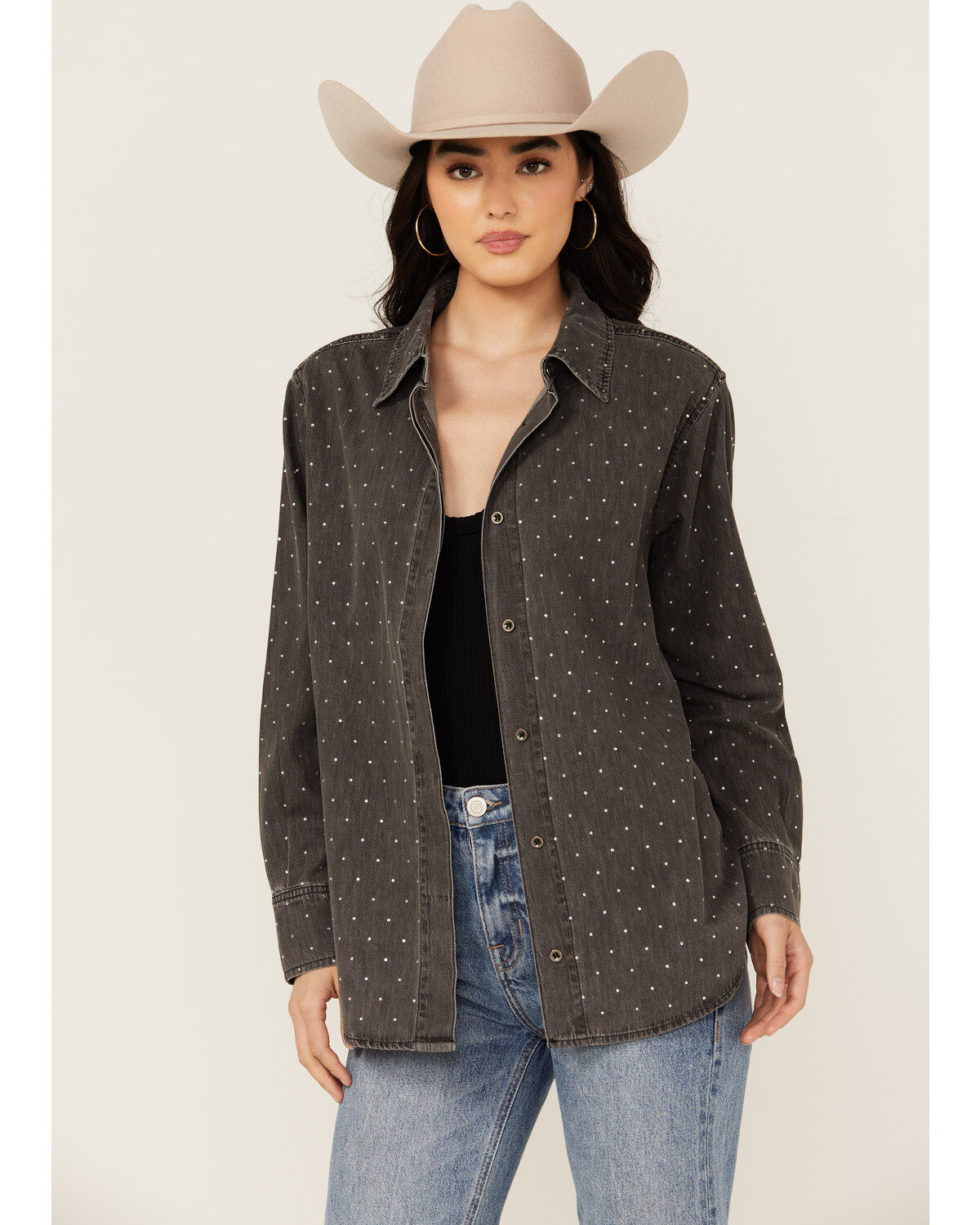 Women's Blue B Solid Rhinestone Long Sleeve Button-Down Shirt