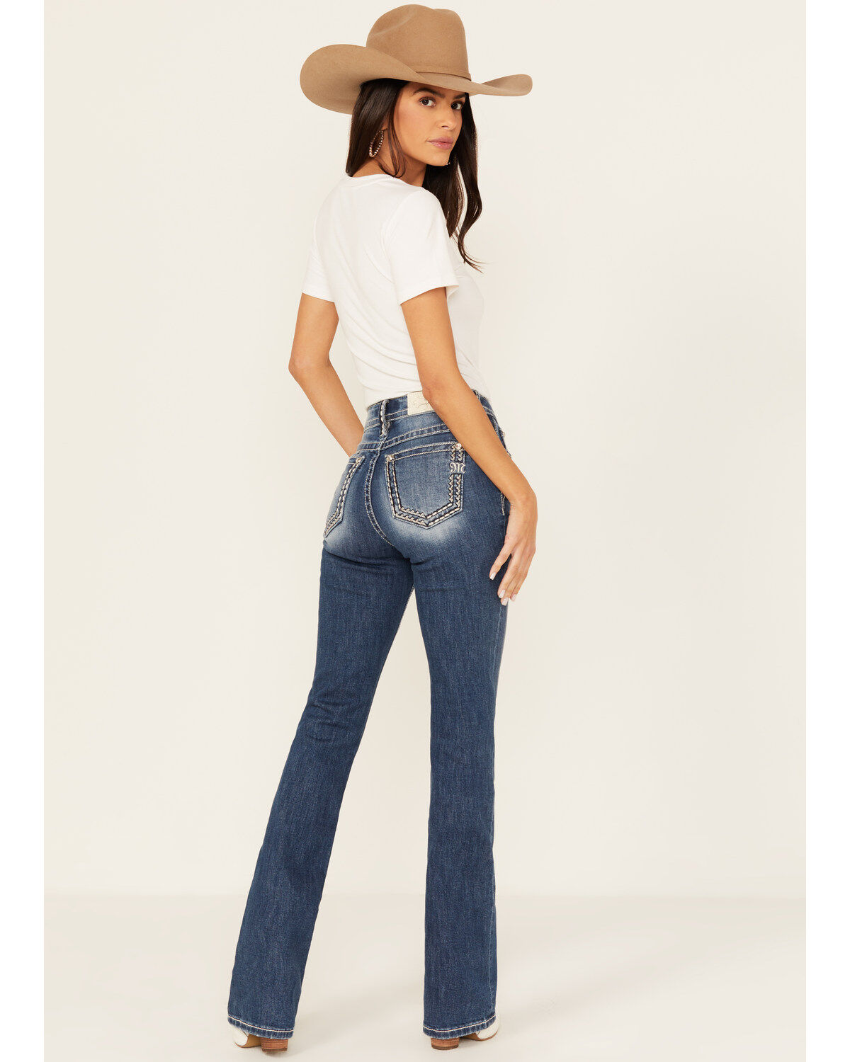 Women's Miss Me Medium Wash Mid Rise Border Stitch Bootcut Stretch Den