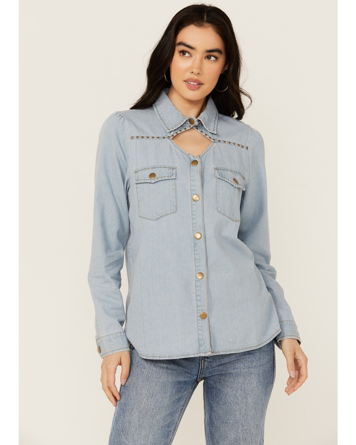Women's Blue B Light Wash Studded Keyhole Long Sleeve Snap Denim Shirt