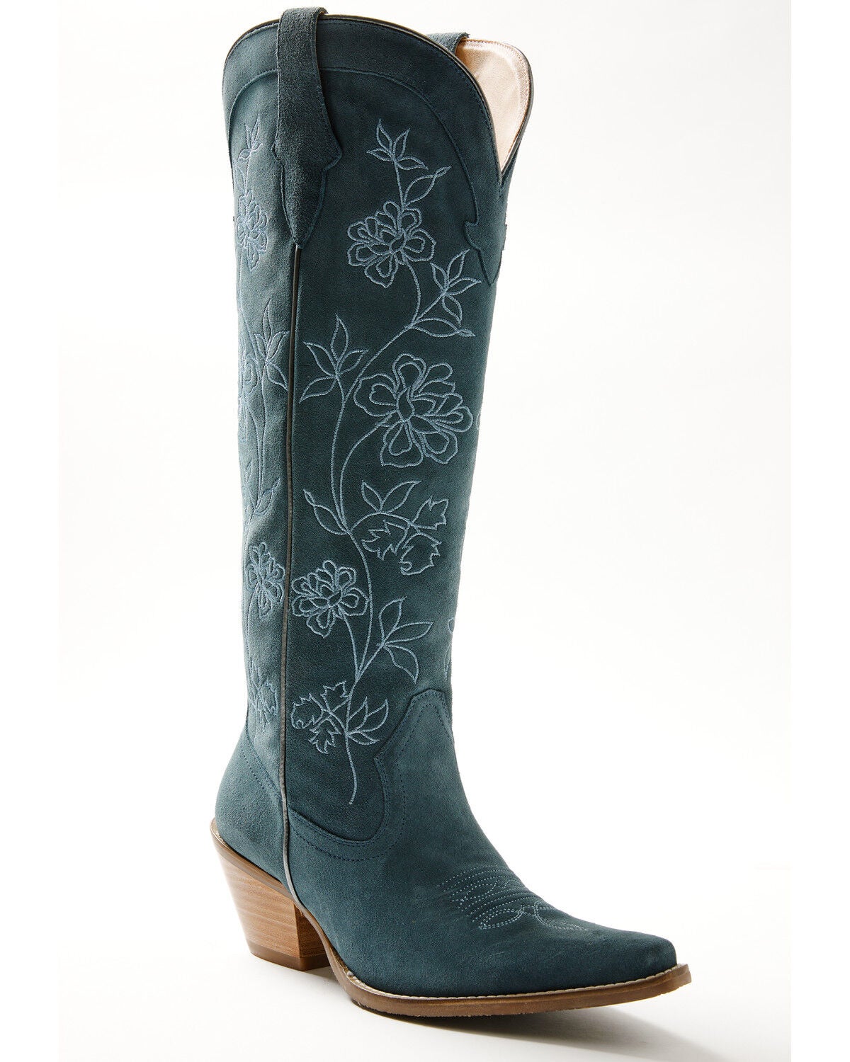 Shyanne Women’s Flora Suede Tall Western Boots in Blue, Size 10M – Snip Toe Cowgirl Boot with Floral Embroidery and 2.75" Heel